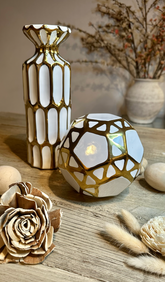 Set of 2 - Candle Holder White and Gold 11" with Ball Gold and White 5.5"