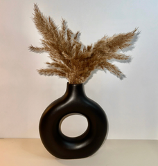 Traditional Chinese Ceramic Vase, Black Matte Donut Shape Minimalist Design 9" tall