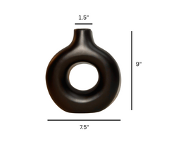 Traditional Chinese Ceramic Vase, Black Matte Donut Shape Minimalist Design 9" tall