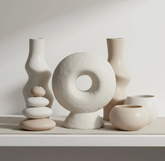 Abstract sculpture made of stone, white donut-shaped vase 13"