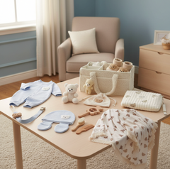 12-Piece Set "THE COZY ESSENTIALS", Cream Blue Baby Set, Baby Shower, Baby boy, Newborn and Baby Essentials, with Diaper Caddy - Bear Theme