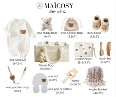 12-Piece Set "THE COZY ESSENTIALS", Cream and White Baby Set, Baby Shower, Newborn and Baby Essentials with Diaper Caddy - Bear Theme