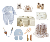 12-Piece Set "THE COZY ESSENTIALS", Cream Blue Baby Set, Baby Shower, Baby boy, Newborn and Baby Essentials, with Diaper Caddy - Bear Theme