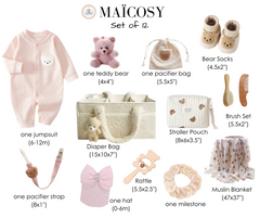 12-Piece Set "THE COZY ESSENTIALS", Cream and Pink Baby Set, Baby Shower, Newborn and Baby Essentials with Diaper Caddy - Bear Theme