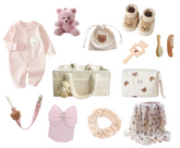 12-Piece Set "THE COZY ESSENTIALS", Cream and Pink Baby Set, Baby Shower, Newborn and Baby Essentials with Diaper Caddy - Bear Theme