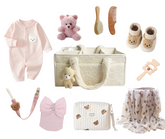 10-Piece Set "THE COZY ESSENTIALS", Pink and Cream Baby Set, Baby Shower, Newborn and Baby Essentials with Diaper Caddy - Bear Theme