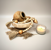 Set of 3 Decorative Accent Boho Mediterranean Style, Organic and Rustic Centerpiece Setting (Vase, Paulownia Tray and Natural Wood Bead Garland)