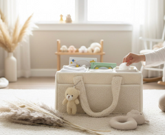 Cozy Plush Diaper Wipes Organizer Caddy With Small Teddy Bear Charm - Cream