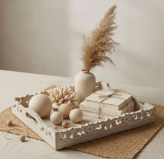 Boho Handmade Decorative Serving Wooden Tray Whitewashed