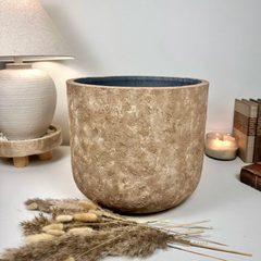 Rustic Hand-Painted & Textured Planter 12" tall with drainage hole one time creation - Brown washed