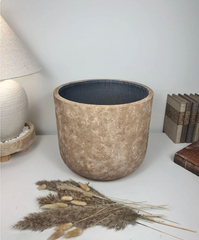 Rustic Hand-Painted & Textured Planter 12" tall with drainage hole one time creation - Brown washed