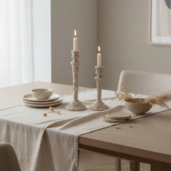 Set of 2 candlestick holders hand-painted and textured minimalist rustic style 12" tall and 10" tall - Beige