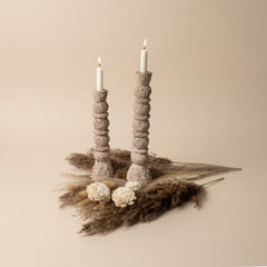 Set of 2 candlestick holders hand-painted and textured minimalist rustic style 12" tall and 10" tall - Tan Beige