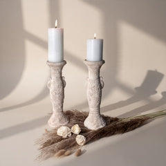 Set of 2 candlestick tray holders hand-painted and textured minimalist roman style 12" tall - Cream Sand wash