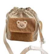 Cute Corduroy Drawstring Bucket Bag with Bear Design