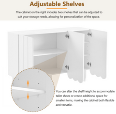Cream Style Minimalist Shoe Cabinet with 5 Solid Wood Legs, Sideboard Buffet Cabinet with Adjustable Shelves, Large Storage Cabinet with Wave Doors for Living Room, White
