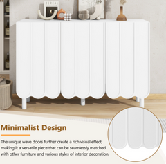 Cream Style Minimalist Shoe Cabinet with 5 Solid Wood Legs, Sideboard Buffet Cabinet with Adjustable Shelves, Large Storage Cabinet with Wave Doors for Living Room, White