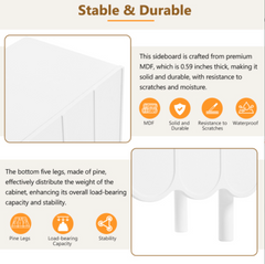 Cream Style Minimalist Shoe Cabinet with 5 Solid Wood Legs, Sideboard Buffet Cabinet with Adjustable Shelves, Large Storage Cabinet with Wave Doors for Living Room, White