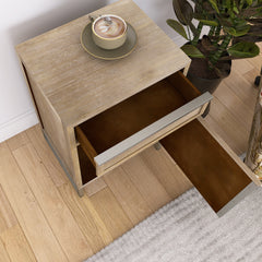 Handwoven End Table with Drawer, Cabinet, and Artisanal Wood Finish - No Assembly Required