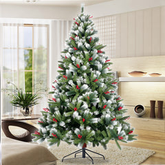Artificial Christmas Tree Flocked Pine Needle Tree with Cones Red Berries 7.5 ft Foldable Stand