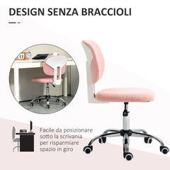 Cute Armless Office Chair, Teddy Fleece Fabric Computer Desk Chair, Vanity Task Chair with Adjustable Height, Swivel Wheels, Mid Back - Pink