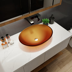 Tempered Glass Matte Bathroom Vessel Sink, Oval Bathroom Basin Matt Tea