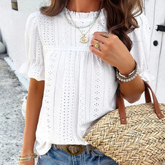 Women's Elegant Ruffle Detail Blouse Short Sleeve Round Neck Top