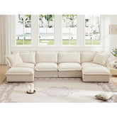 Slipcovered U Shape Sectional Wide and Deep Seat Sofa Couch, 4 Seater Sofa with French Edges Design Multiple Big Pillows, Soft Deep Seat Comfy Cloud Couch for Living Room, Apartment, Chenille Fabric