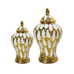 12.50"H Alluring White and Gold Ginger Jar with Removable Lid