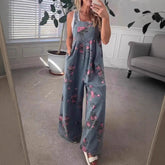 Women's Floral Print Denim Overalls, Wide Leg Jumpsuit, Sleeveless with Pockets