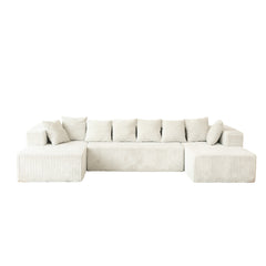 130-Inch Modular U-Shaped Sectional Sofa – 4-Seater Chaise Lounge with Reversible Design, Beige Striped Corduroy Polyester Fabric