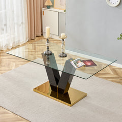 Large Modern Glass Dining Table for 6-8 with 0.4" Tempered Glass Tabletop and MDF slab V-Shaped Bracket and Metal Base