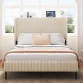 Full Size Platform Bed , Metal Bed Frame with Charging Station, No Box Spring Needed, (Beige), Noise Free,Easy Assemble.