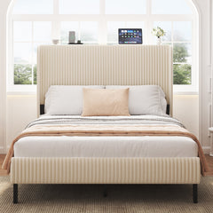 Full Size Platform Bed , Metal Bed Frame with Charging Station, No Box Spring Needed, (Beige), Noise Free,Easy Assemble.