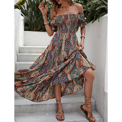 Women's Off The Shoulder Dresses Boho Flowy Smocked Maxi Sundress Beach Vacation Summer Dress