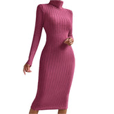 Women's Ribbed Knit Turtleneck Bodycon Dress, Long Sleeve - Pink