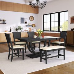 6-Piece Wood Half Round Dining Table Set with Long Bench and 4 Dining Chairs - Grey