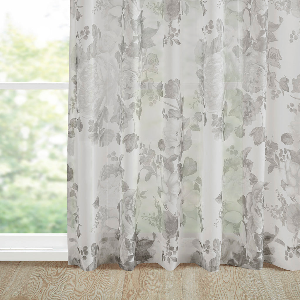 Printed Floral Rod Pocket and Back Tab Voile Sheer Curtain - White