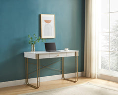 Computer Desk Writing Desk with One Drawer Metal Legs and USB Outlet Port – White & Gold