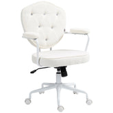 Cute Home Office Chair, Computer Desk Chair with Button Tufted Teddy Bear Fleece, Swivel Vanity Chair, Cream White