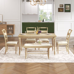 Retro Style 6-piece Dining Set with Dining Chairs and Bench - Natural