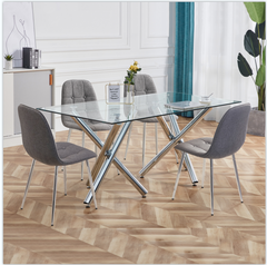 Modern Minimalist Rectangular Glass Dining Table for 6-8 with 0.39" Tempered Glass Tabletop and Silver Chrome Metal Legs