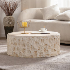 MgO Mid-Century Round Centre Coffee Table Vintage Faux Stone Sofa Pre-Modern Coffee Tables Beige Coffee Table for Living Room Office Apartment