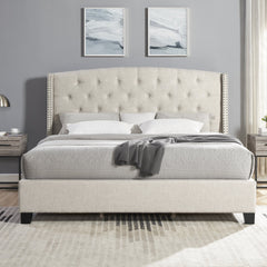 Queen Size Nantarre Fabric Button Tufted Wingback Upholstered Bed with Nail Head Trim, Beige