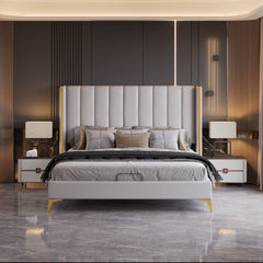 King Size Bed Frame, 56" Tall Headboard Channel Tufted Upholstered - Light Grey