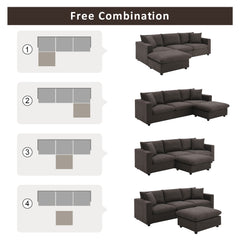 100.4x64.6" Modern Sectional Sofa, L-Shaped Couch Set With 2 Free Pillows, 4-Seat Polyester Fabric Couch Set With Convertible Ottoman - Dark Brown