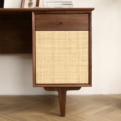 Black Walnut Desk with Natural Rattan Net with Storage