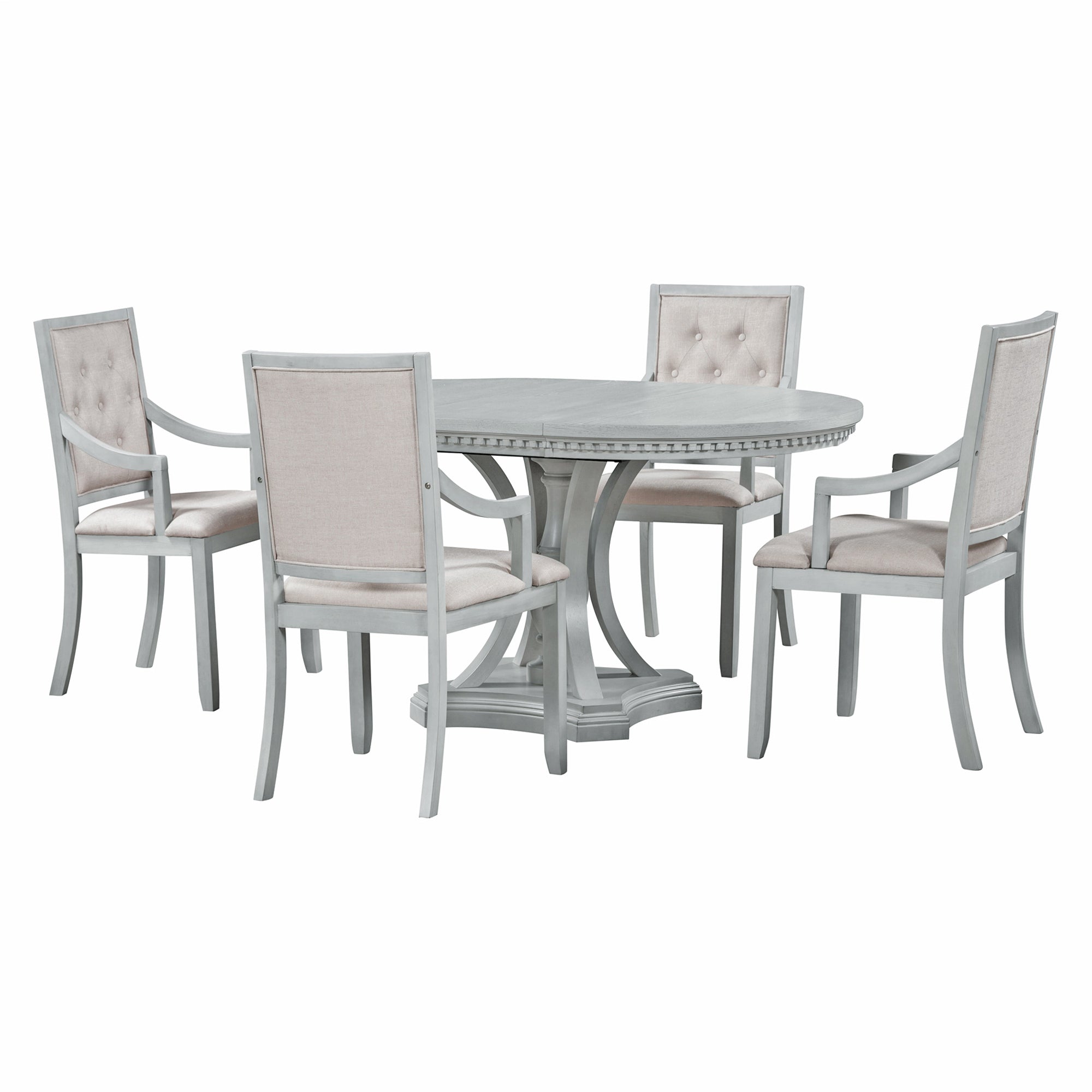 Retro 5-piece Dining Set Extendable Round Table and 4 Chairs - Antique Grey Oak