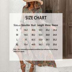 Women's Boho Maxi Dress, V-Neck, Geometric Print, Long Flounce Sleeves, Smocked Waist, A-Line