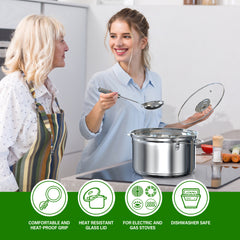 18-Piece Stainless Steel Kitchen Cookware Set, Including Saucepan, Casseroles with Tempered Glass Lid, Frypan, Steamer, Salad Bowl with Cover, Fryer Basket, Heat Resistant Mat & Utensils Set - Silver